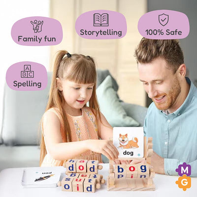 Fidtoy Montessori Spin and Spell Toy pour Enfants – Jeu d'orthographe en Bois pour l'apprentissage précoce de la lecture