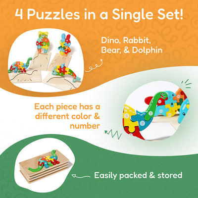 Fidtoy Wooden Animal Puzzle Set for Toddlers – 4 Pack Kids Shape Matching Puzzle Toy