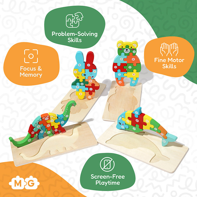 Fidtoy Wooden Animal Puzzle Set for Toddlers – 4 Pack Kids Shape Matching Puzzle Toy