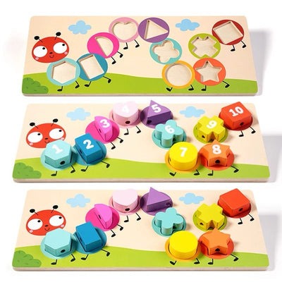 Montessori Counting and Shape Sorting Toy – Wooden Lacing Board for Preschool Math and Fine Motor Development