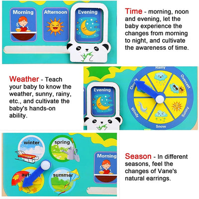 Juguetes de reloj de madera Montessori con forma de rana para niños, aprendizaje de calendario, clima, estación, hora, semana, juguete educativo temprano