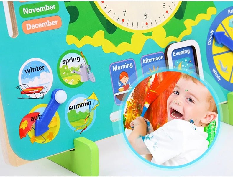 Juguetes de reloj de madera Montessori con forma de rana para niños, aprendizaje de calendario, clima, estación, hora, semana, juguete educativo temprano