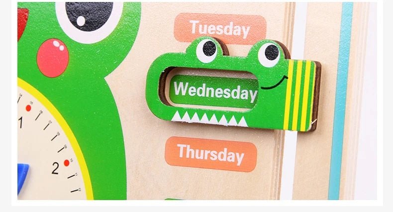 Juguetes de reloj de madera Montessori con forma de rana para niños, aprendizaje de calendario, clima, estación, hora, semana, juguete educativo temprano