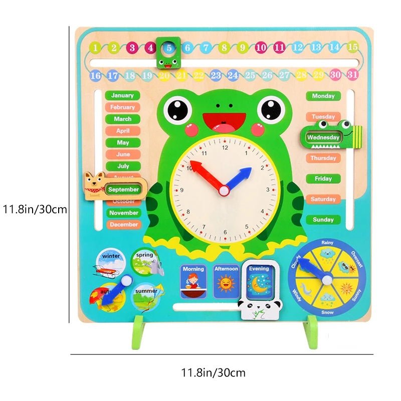 Montessori Wooden Frog Clock Toys For Kids,Learning Calendar,Weather,Season,Time,Week,Early Educational Toy