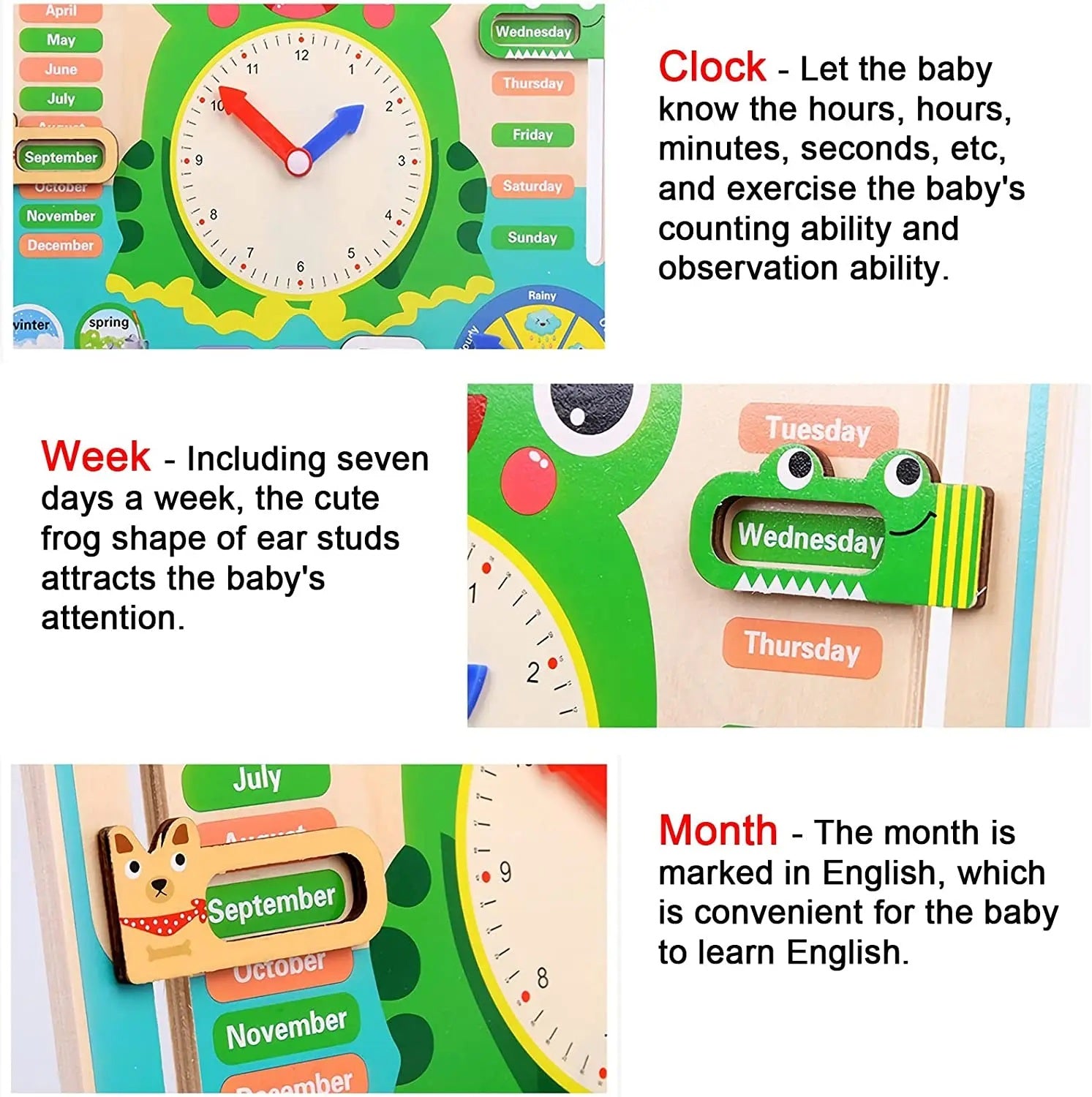 Montessori Wooden Frog Clock Toys For Kids,Learning Calendar,Weather,Season,Time,Week,Early Educational Toy