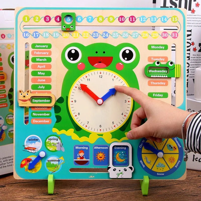 Montessori Wooden Frog Clock Toys For Kids,Learning Calendar,Weather,Season,Time,Week,Early Educational Toy