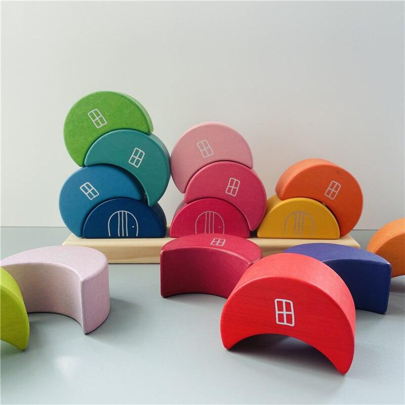 Fidtoy Blocs de construction en bois Lune à empiler, jouet d'équilibre arc-en-ciel pour enfants