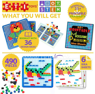 Fidtoy Kids Mosaic Puzzle Set 490 Pieces Educational STEM Building Board Color Matching Creative Learning Toy for Kids 4+