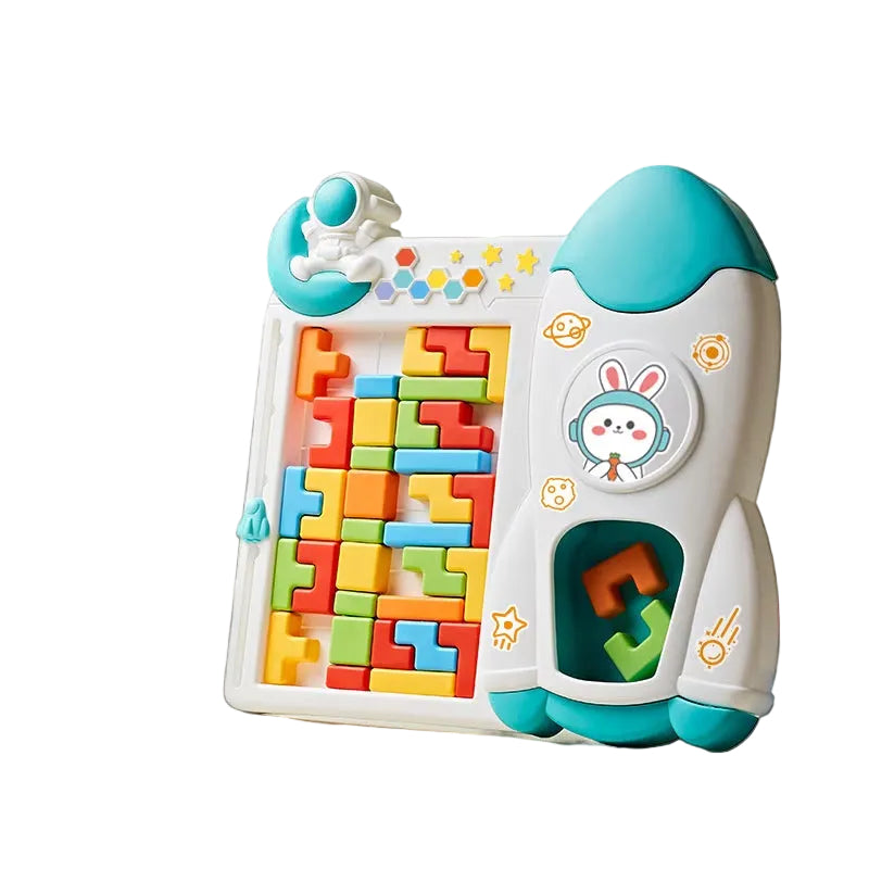 Fidtoy Space Rocket Tetris Table Block Challenge Game for Kids Ages 4-12, Plastic 3D Puzzle Board Game with Rocket Frame and Colorful Shape Blocks for Logic Play