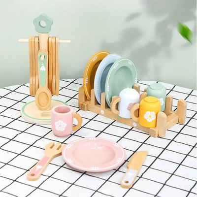 Jouet en bois - Set de vaisselle Assiettes Couverts Assortiment de couleurs Cuillères