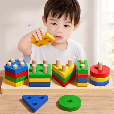 Shapes Tower Stacker – 5 Shape, 4 Layer Wooden Brain Development Toy