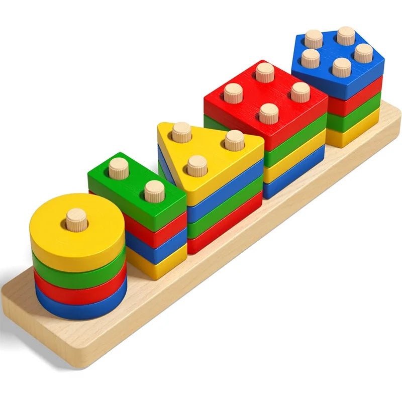 Shapes Tower Stacker – 5 Shape, 4 Layer Wooden Brain Development Toy