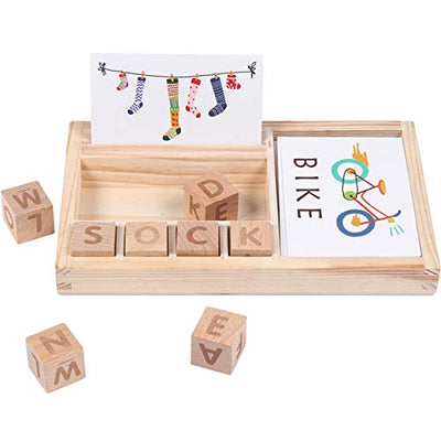 Fidtoy Wooden Spelling Matching Game with ABC Blocks and Word Cards for Kids Ages 3+