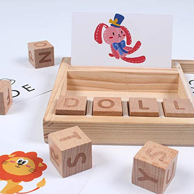 Fidtoy Wooden Spelling Matching Game with ABC Blocks and Word Cards for Kids Ages 3+
