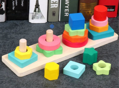 Square Four Column Tower | Baby Wooden Montessori Educational Material Toy Kids Early Learning Infant Match Board Toy