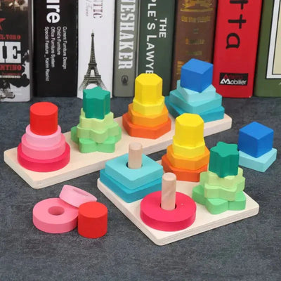 Square Four Column Tower | Baby Wooden Montessori Educational Material Toy Kids Early Learning Infant Match Board Toy