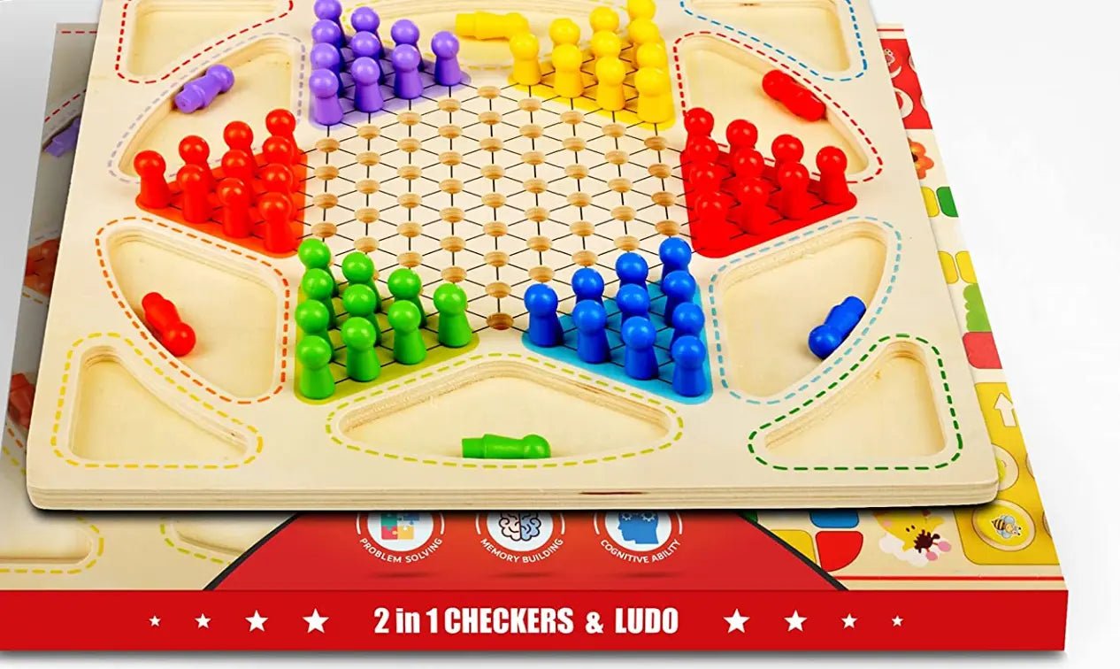 Jeu de Dames et Ludo en Bois 2-en-1 – Jeu de Société Classique Premium