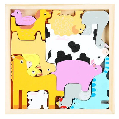 Wooden 3D Cognitive Puzzle Board, Pet Animal, Forest Animal, Dinosaur and Fruits & VegetablesPuzzle Sorting & Stacking Toys
