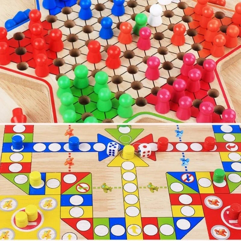 Jeu de Dames et Ludo en Bois 2-en-1 – Jeu de Société Classique Premium