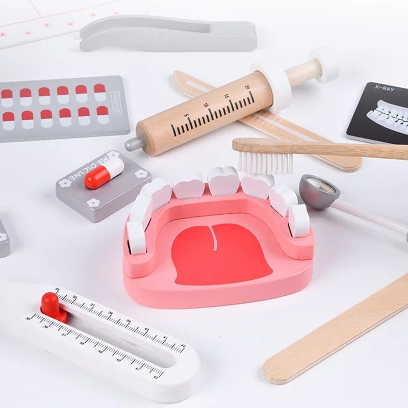 Jouet de docteur en bois avec sac de dentiste, brosse à dents, ensemble de médicaments, jeux de rôle