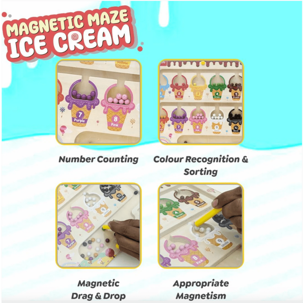 Wooden Magnetic Color & Number Maze Puzzle – Ice Cream Theme Educational Toy for Kids Ages 3–5 | Fine Motor Skills, Counting & Color Matching Learning Board