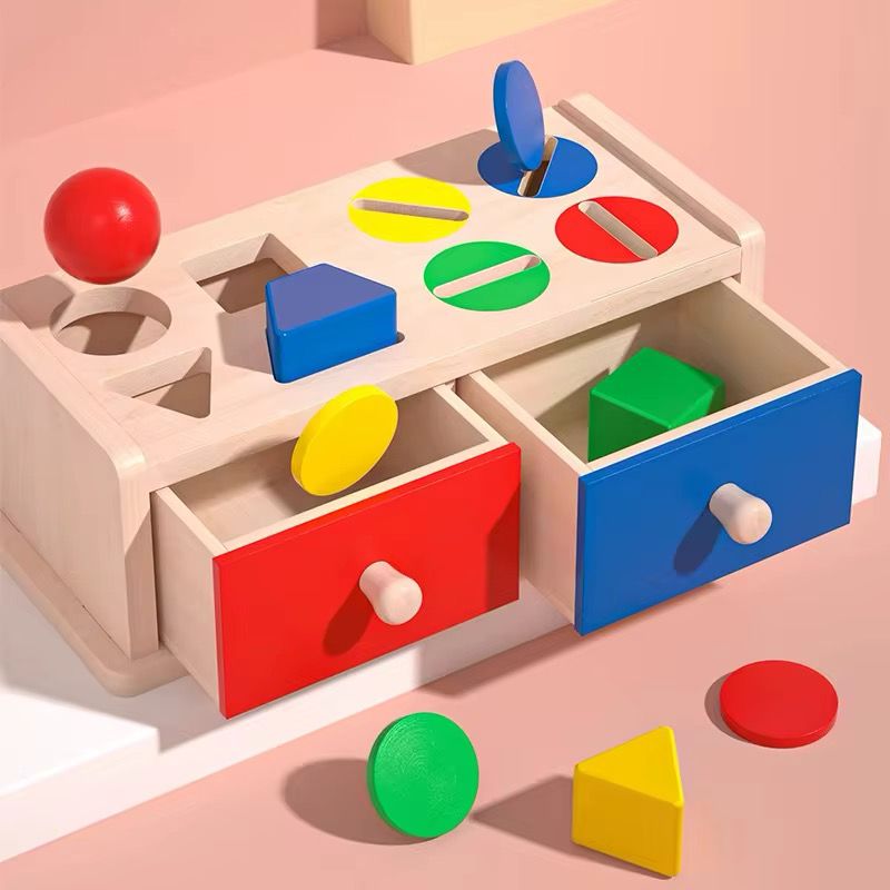 Boîte de permanence d'objet en bois - Tri des couleurs et des formes avec tiroirs doubles