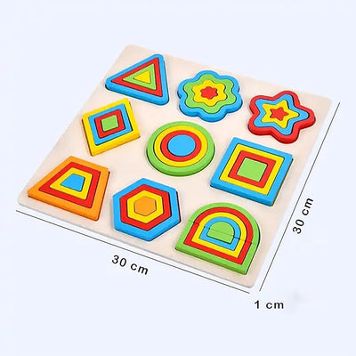 Wooden Shapes Puzzle Learning Toy – 9 Colorful Geometric Pieces & Design Cards