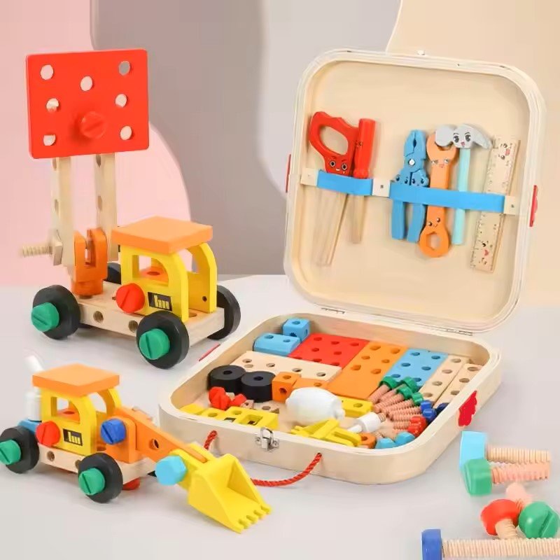 Caja de Herramientas de Madera, Juguetes Educativos STEM Montessori, Juguetes de Aprendizaje de Construcción para Niños de 3+ Años, Set de 53 piezas, Certificado de Seguridad Infantil, Multicolor