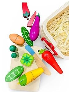 Wooden Vegetable Basket Pretend Cutting Vegetable Set with Wood Knife & Storage Basket