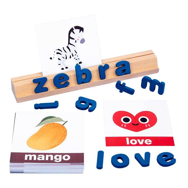Jouet Fidtoy en bois pour apprendre l'orthographe, blocs alphabet, cartes flash