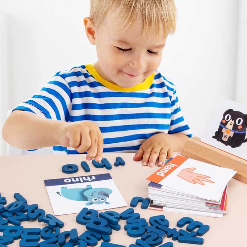 Jouet Fidtoy en bois pour apprendre l'orthographe, blocs alphabet, cartes flash